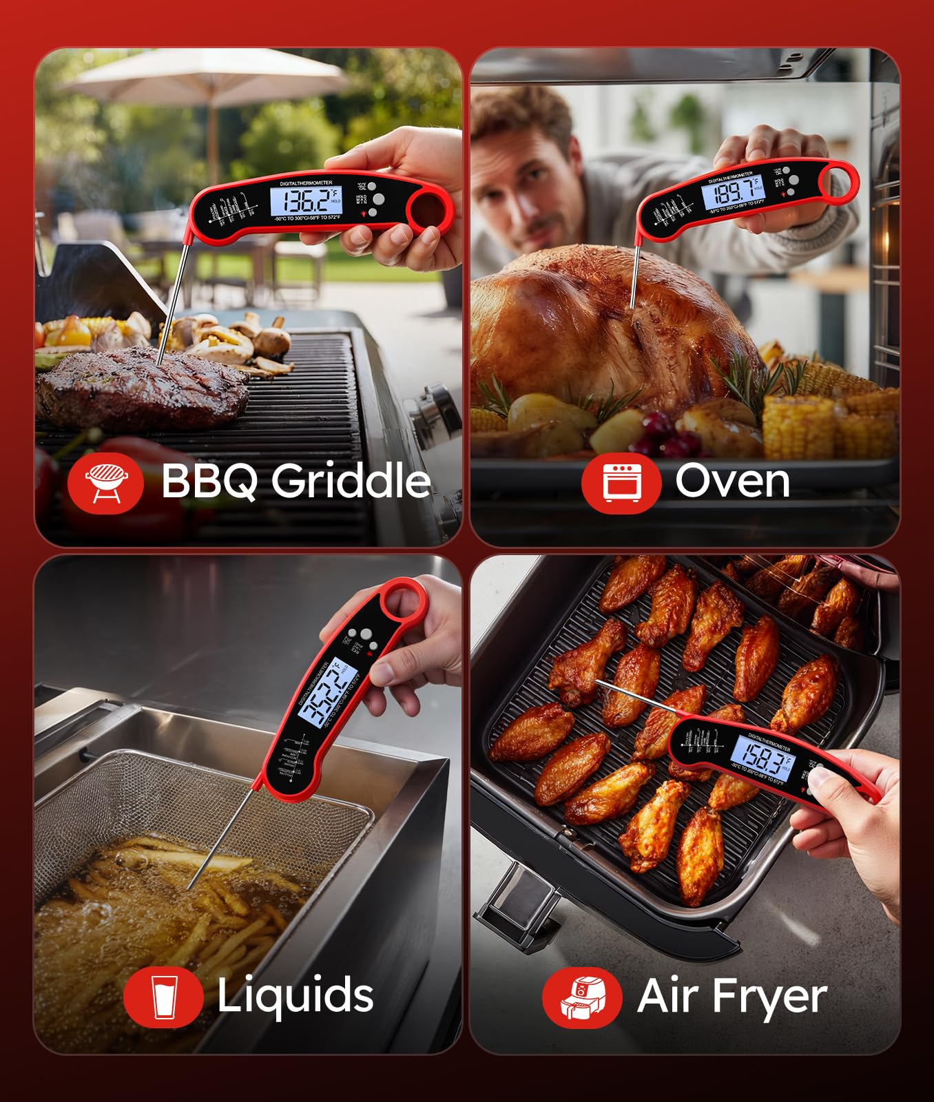 Meat Thermometer Digital – Instant Read Food Thermometer for Grilling, BBQ, Air Fryer, Smoker, Candy Making, Kitchen Gadgets, BBQ Essentials, Gift for Fathers Day, Dad Men Husband Him, Red