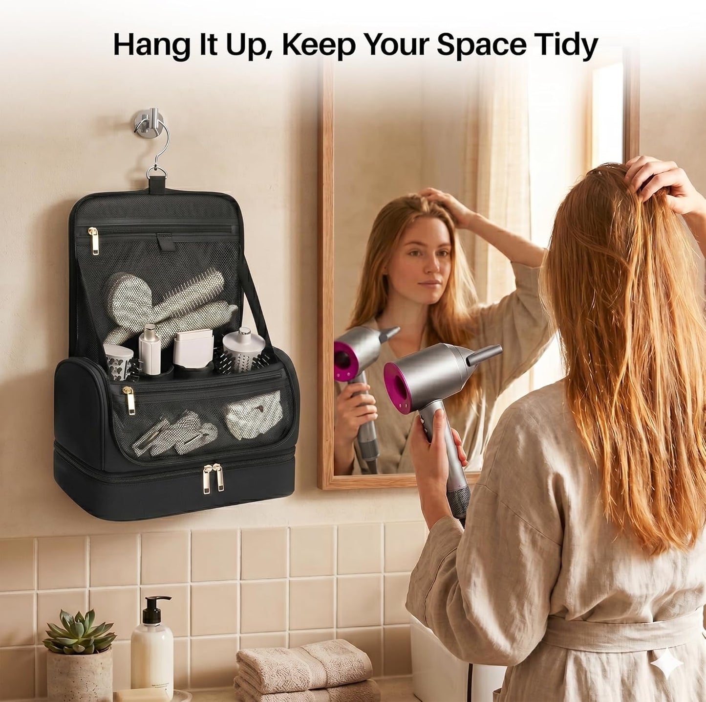 Hanging Hair Tool Organizer for Dyson Airwrap | Water-Resistant Travel Case with Removable Divider - Black