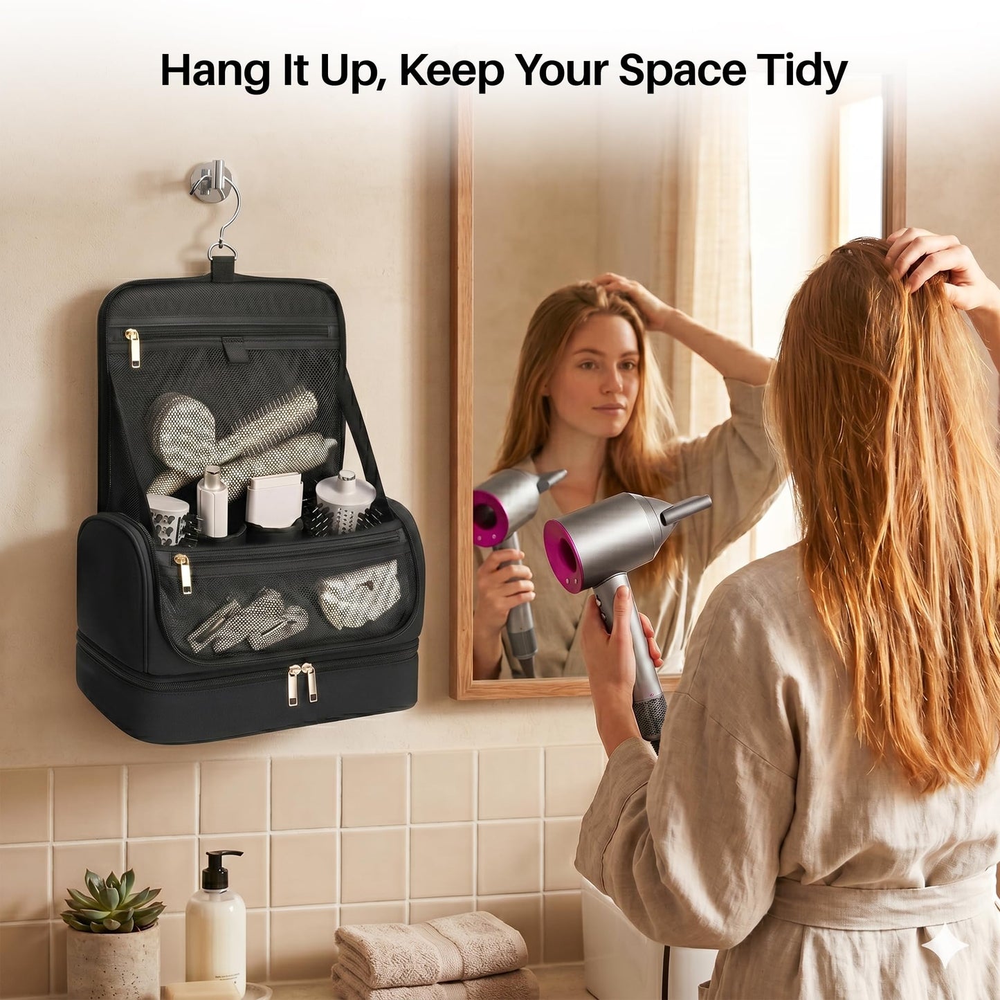 Noldena Hanging Hair Tool Organizer for Dyson Airwrap and Shark FlexStyle, Water-Resistant Travel Case with Removable Divider, Storage Bag for Attachments, Black
