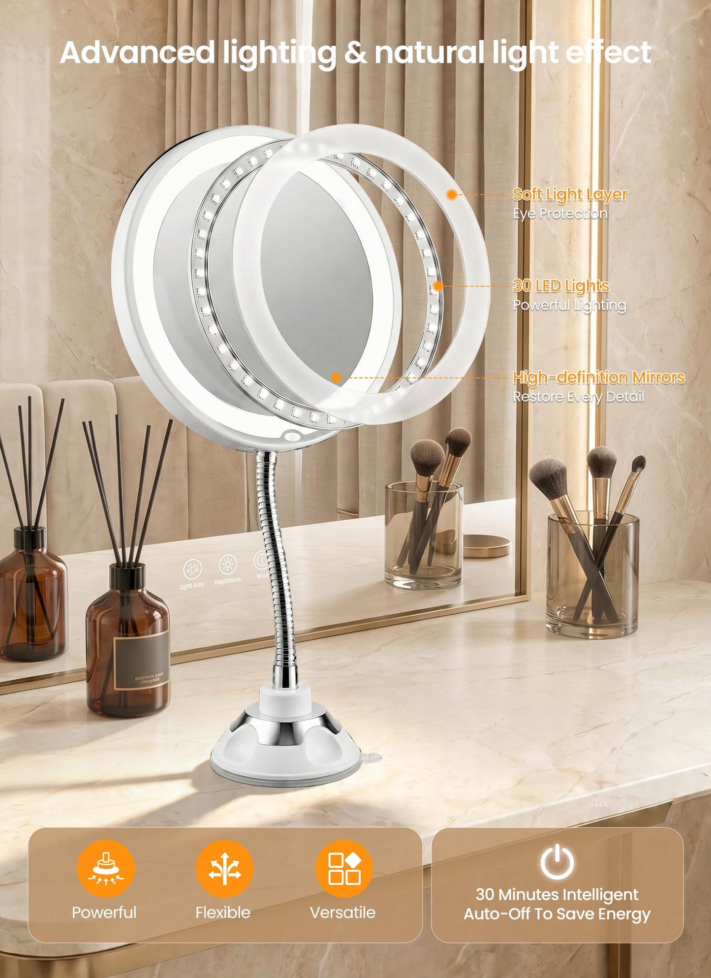 Brightown 10x Makeup Mirror with Lights and Magnification,Flexible Gooseneck Magnifying Mirror with 3 Lighting and Adjustable Brightness,Battery Operated with Suction Cup for Bathroom Bedroom, White