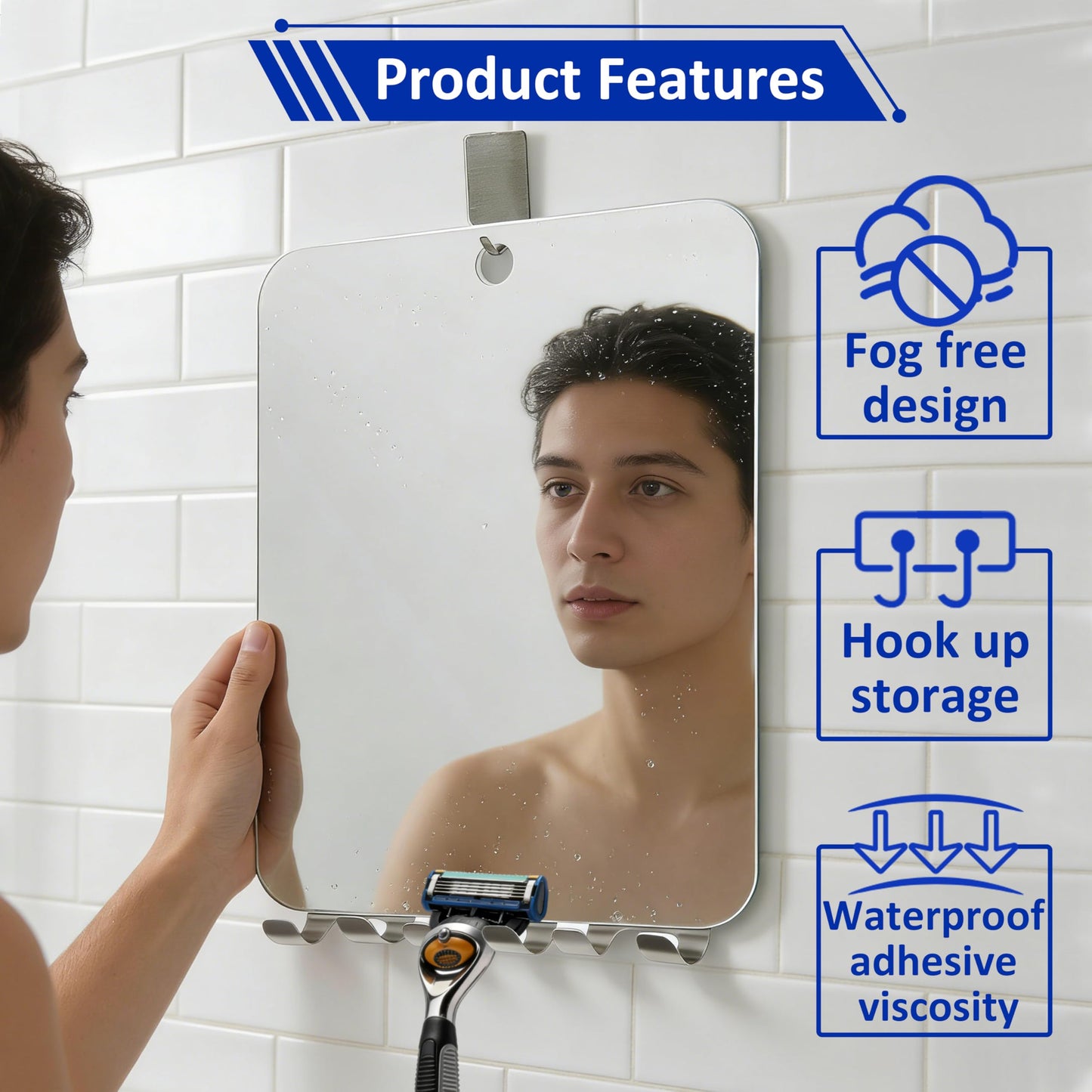 Yuibthr Large Fogless Shower Mirror for Shaving with 3 Razor Holders, Anti-Fog Hanging Wall Mirror for Men Women, Essential Fog Free Bathroom Shower Accessories with Adhesive Hook (10”L x 8”W)