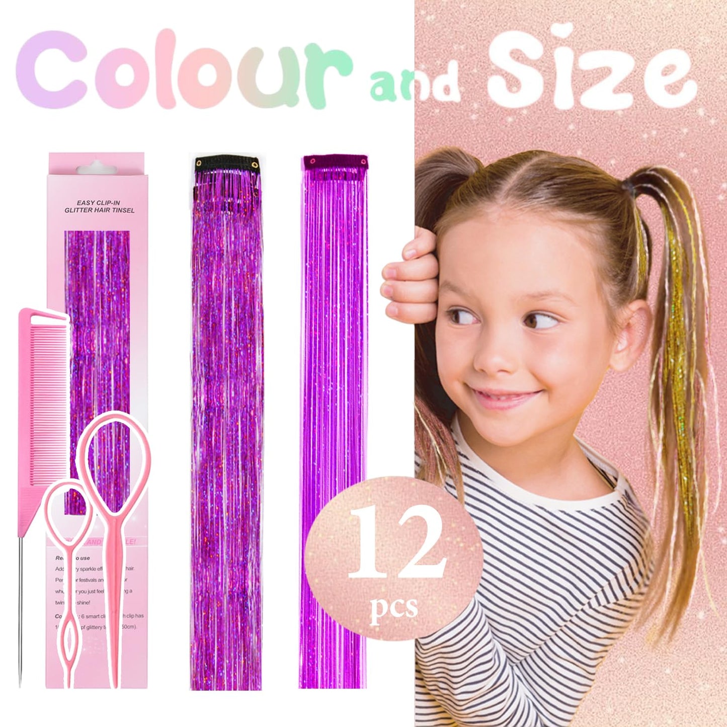 Hair Tinsel Kit - 12 Pcs Purple Glitter Clip-In Extensions | 24 Inch for Girls, Women & Kids