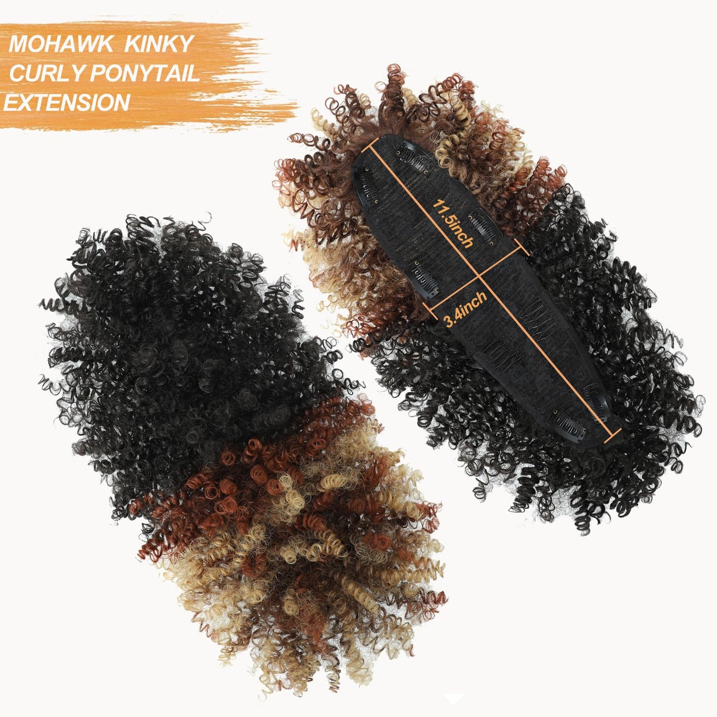 Kinky Curly Mohawk Wig - Natural Black & Brown Blonde Ponytail Extension | Short Synthetic Clip-In with Bangs & Fluffy Hair for Parties
