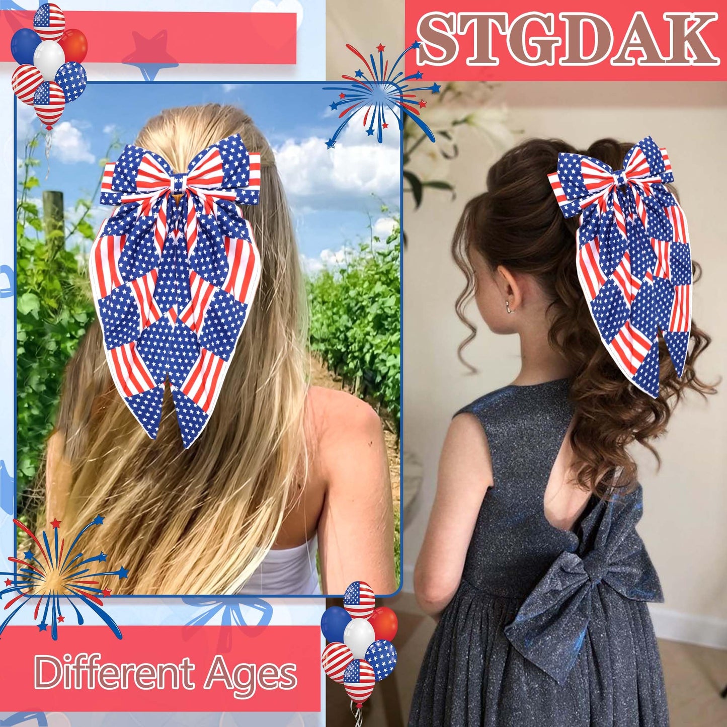 STGDAK 4th of July Hair Bow Clips for Women Red White Blue Bow Hair Accessories USA Flag Big Bows Patriotic Fourth of July Bowknot Accessories for Girls Women Independence Day Memorial Party Decor