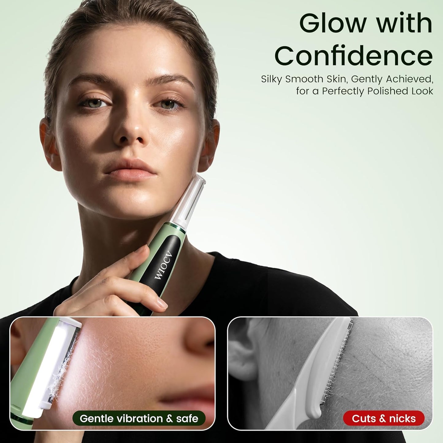 Dermaplane Razor for Women - Gentle Facial Hair Removal Tool with LED Light & 12 Blades | Rechargeable, Green