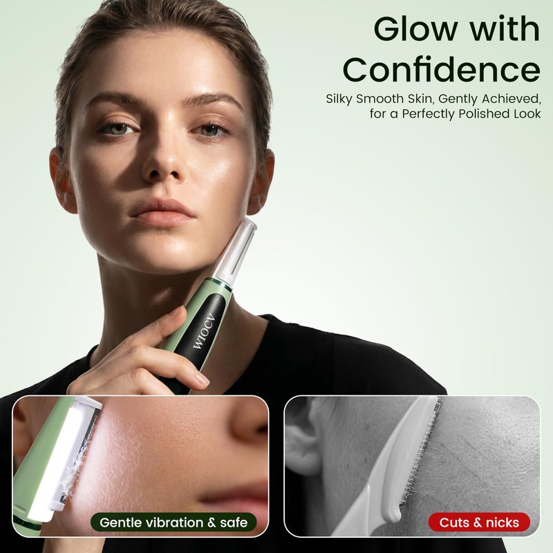 Dermaplane Razor for Women, Gentle Facial Hair Removal, Remove Peach Fuzz for Flawless Makeup, Rechargeable Dermaplane Tool with Built-in LED Light & 12 Replacement Blades (Green)