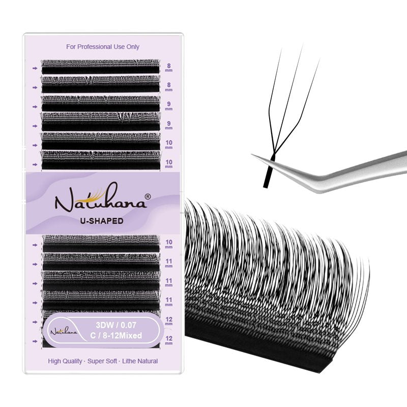 Natuhana 3D U Shape Lash Extensions Easy Fan Russian Volume U Eyelash C/D Curl 0.07mm Natural U Shaped 12 Rows Premade Eye Lashes Supply(Black,0.07C,8-12mm)