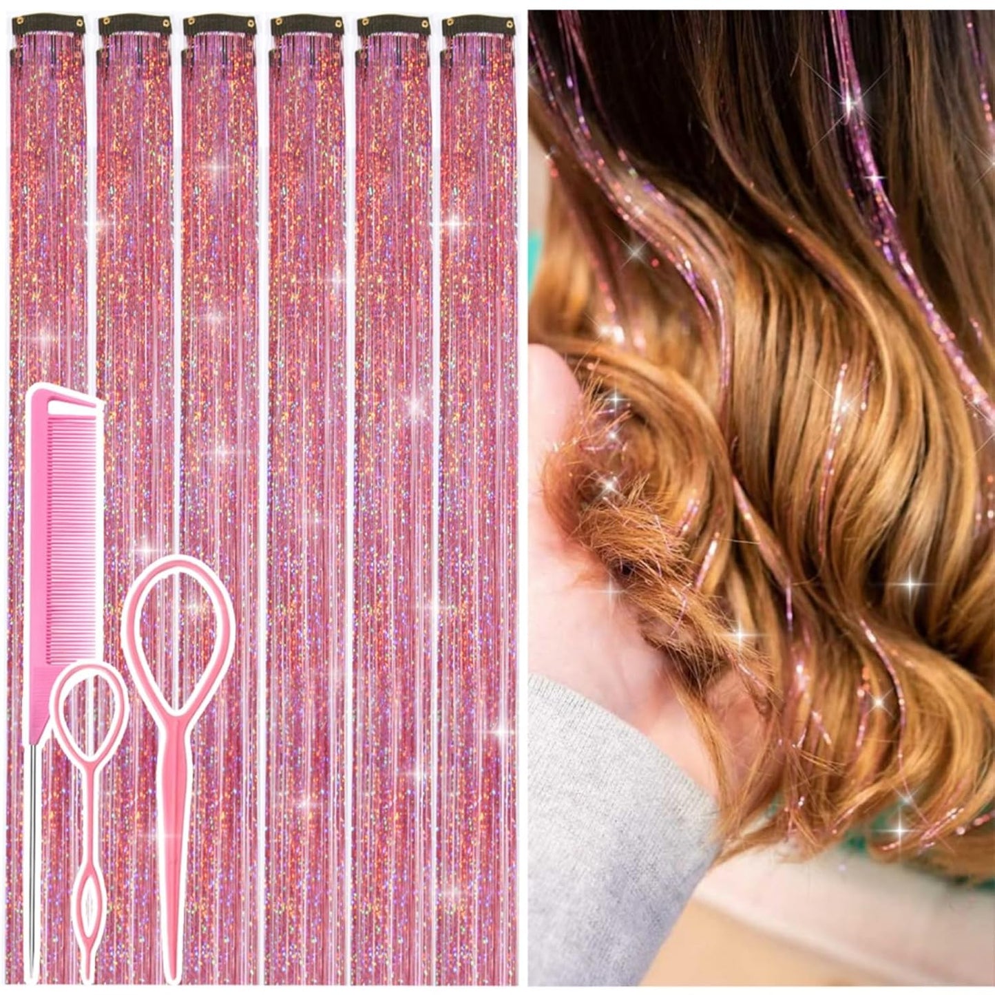 Hair Tinsel Kit - 12 Pcs Colorful Glitter Clip-In Extensions | 24 Inch for Girls, Women & Kids