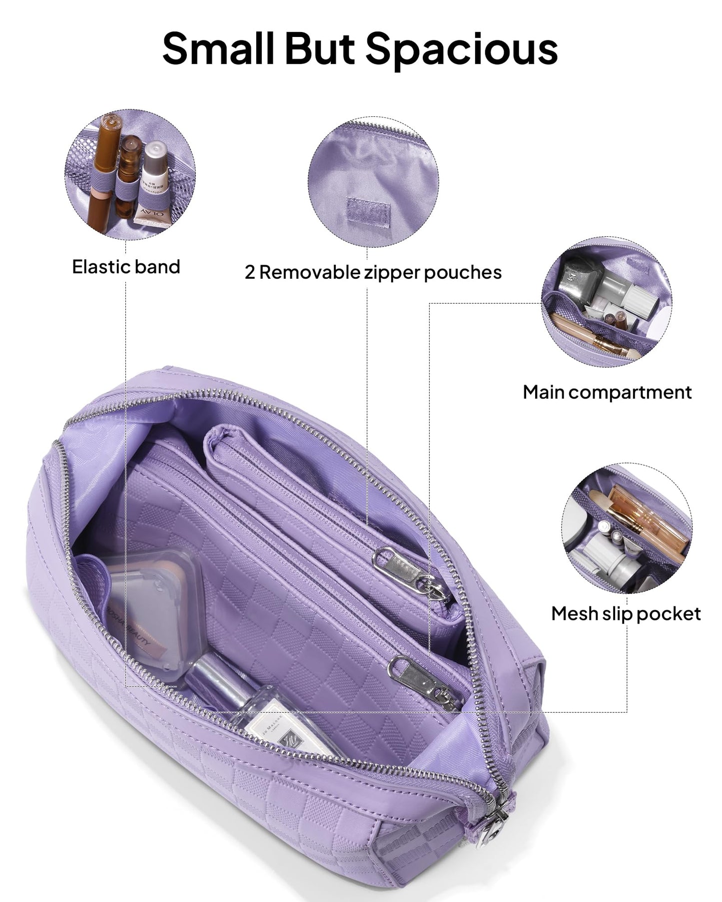 TOPEAST Travel Makeup Bag Cosmetic Bags for Women, 3 Pcs Set Make Up Toiletry Bag with Removable Zip Pouch, Waterproof Leather Makeup Brush Organizer for Travel Essentials, Purple