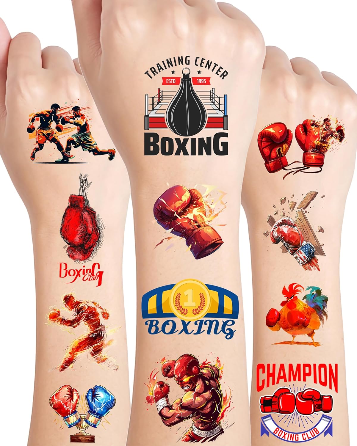 Boxing Tattoos Stickers - 165 Pcs Temporary Tattoos for Boxing Theme Parties | 18 Sheets of Glove Designs