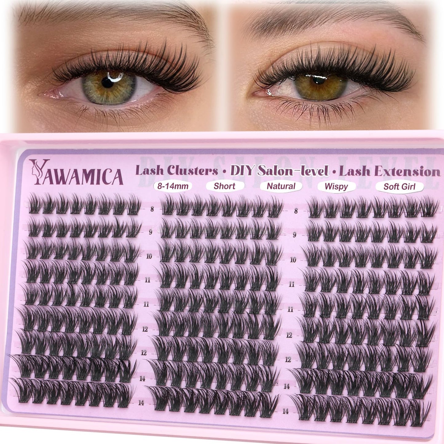 Yawamica Natural Lash Clusters DIY Eyelash Extensions, 8-14mm Short Wispy Eyelash Clusters CC Curl Individual Lashes with Soft Thin Band, Salon-Level Look for Everyday Wear