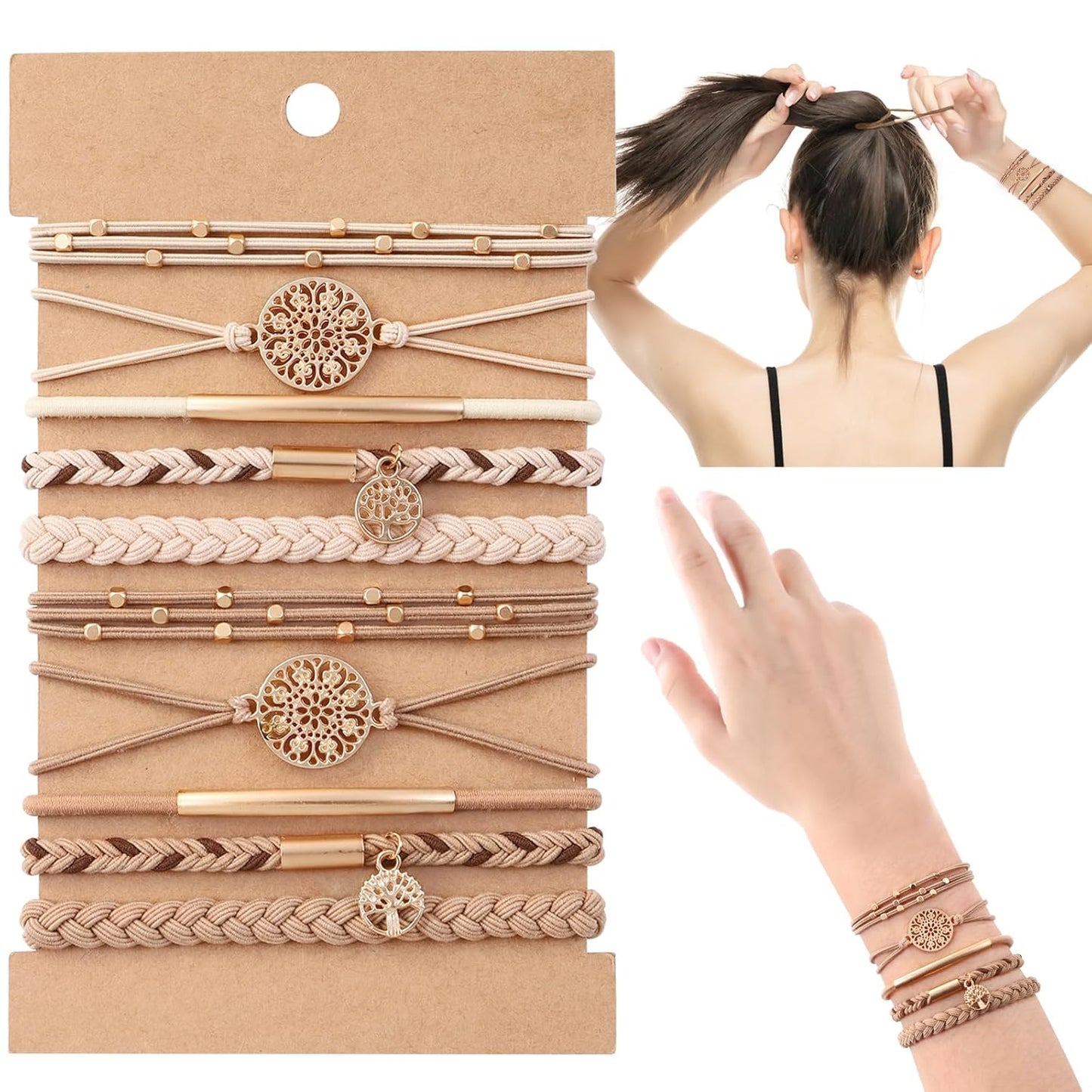 10PCS Hair Ties Bracelet Set - Soft Braided Boho Elastic Hair Bands for Women | Beige & Light Coffee