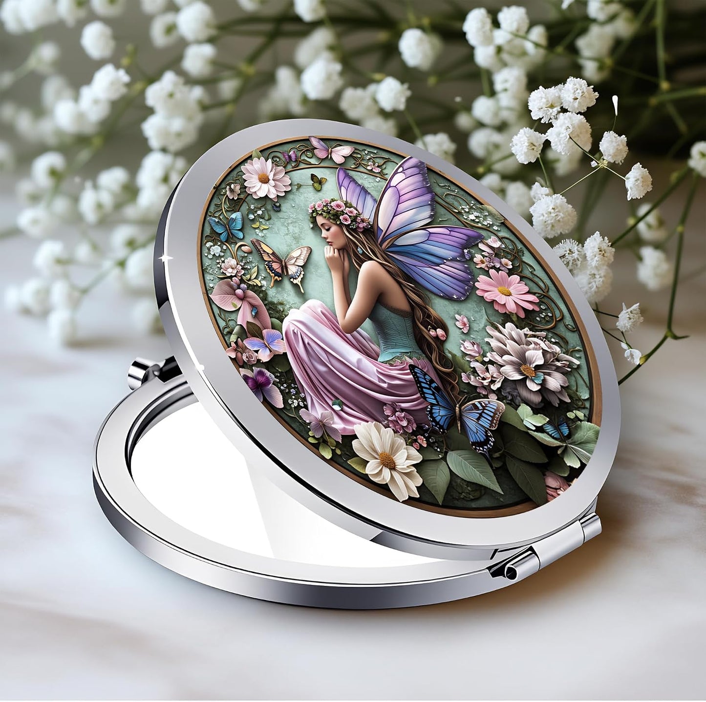 Double-Sided Silver Compact Mirror - 2.8x2.8 Inch Mermaid Design | Perfect Gift for Women