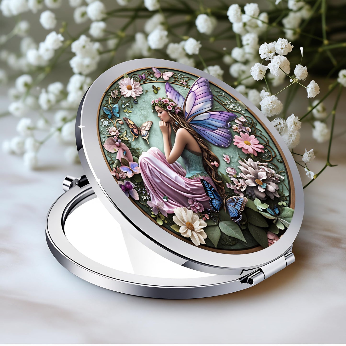 Silver Compact Mirror, 2.8x2.8inch Double-Sided Folding Makeup Mirror with Flower Fairy with Wings Design, Ideal Gift for Women