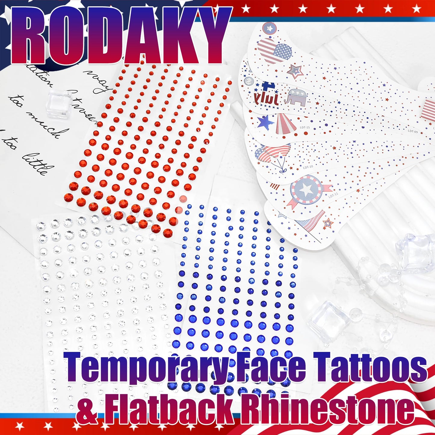 RODAKY Blue Red Face Gems 4th of July Temporary Tattoos Sticker Mixed Size Rhinestones Gems Sparkle Patches for Festival Make Up Women Girls