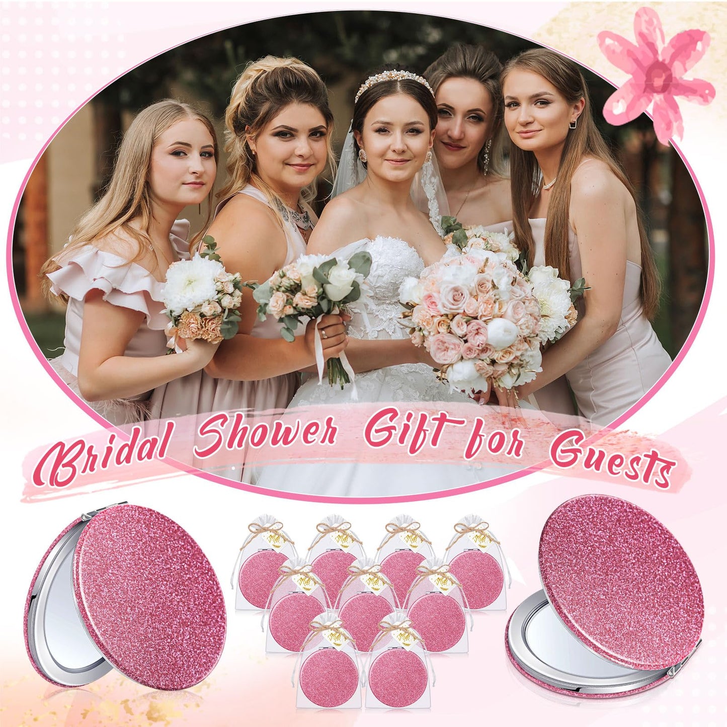 Chunful 30 Set Compact Mirrors Gifts with Thank You Card Quinceanera Party Favors for Guests Women Bridal Shower Wedding Bridesmaids Bachelorette (Pink)