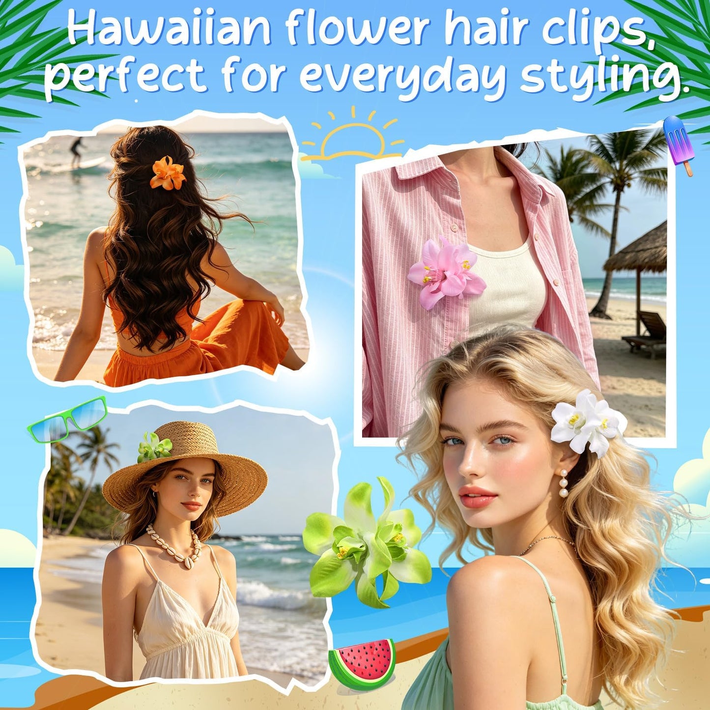 10 Pcs Hawaiian Flower Hair Clip for Women, 2 Styles Orchid Hair Clips Tropical Flower Hairpin Artificial Flower Hair Accessories for Vacation Beach Seaside Wedding