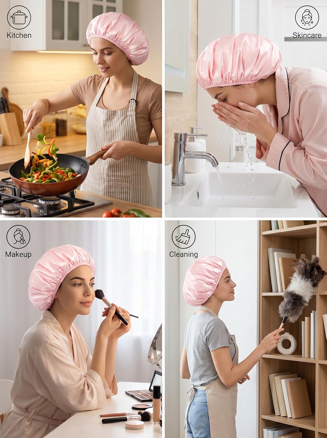 Aquior Shower Cap - Triple Layer Waterproof Bath Cap for Long Hair | Extra Large Silky Satin (Pink)