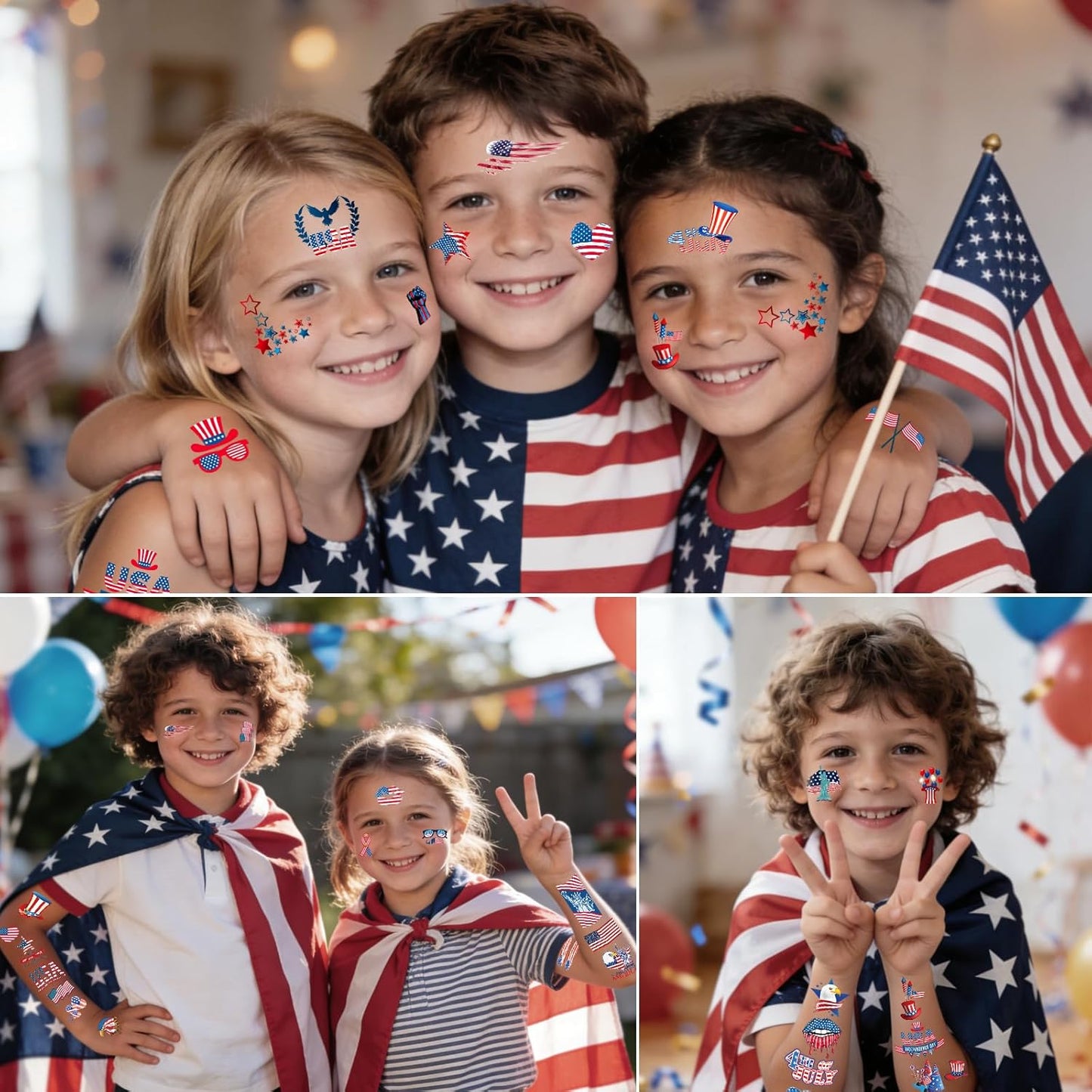 Waterproof 4th of July Temporary Tattoos for Kids | 20 Sheets of Patriotic Red, White & Blue USA Stickers with Flag & Fireworks