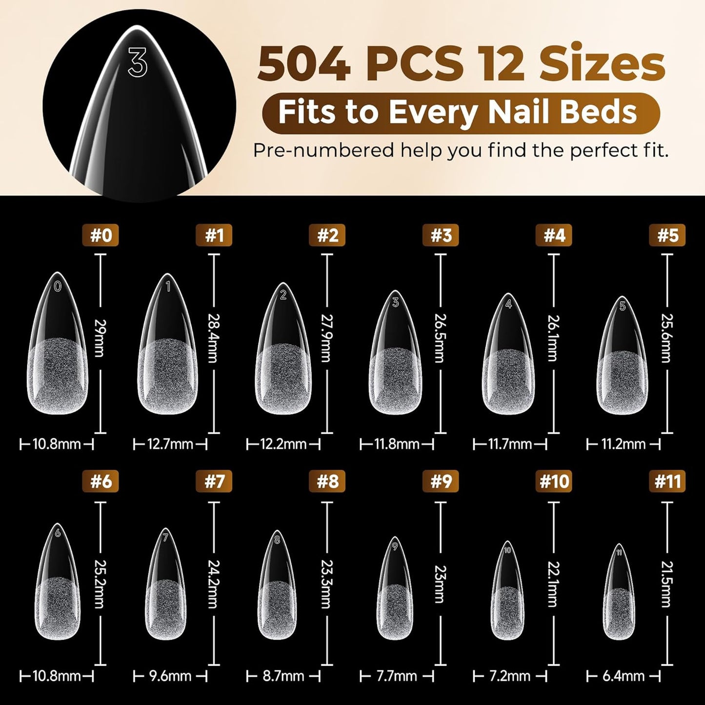 Medium Stiletto Press-On Nails - 504 Pcs Clear Gel Nail Tips | Full Cover Pre-Etched Acrylic, 12 Sizes Available