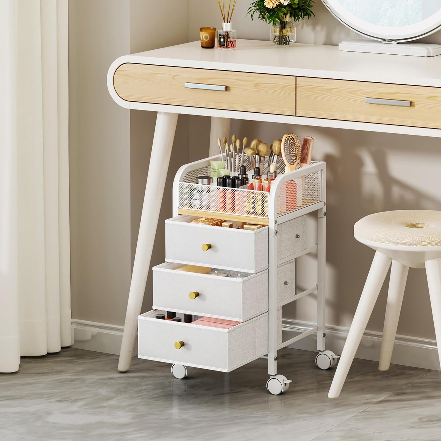 Rolling Makeup Organizer Cart - Under Desk Vanity Storage with 3 Drawers | Cosmetic Display & Nail Tool Cabinet