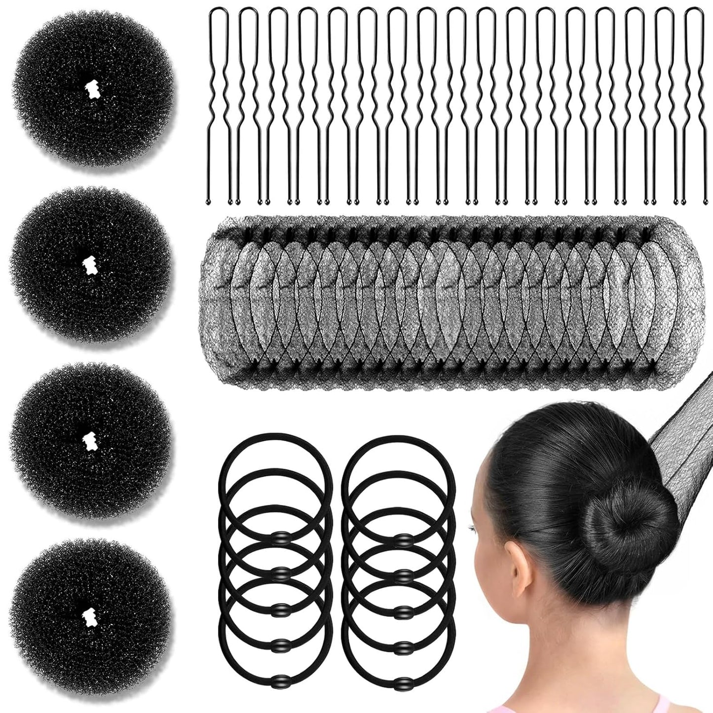 134 Pcs Black Hair Bun Maker Kit - 4 Donuts, 20 Nets, 100 Bobby Pins | Kids & Women Hair Accessories