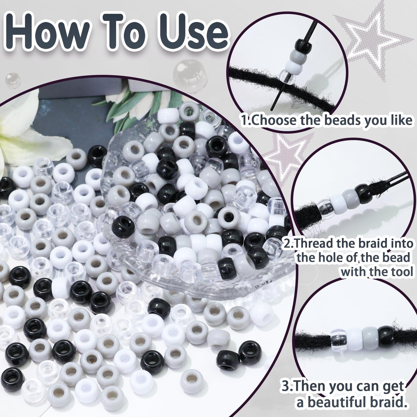 NAISKA 200PCS Black Pony Bead White Gray Hair Beads for Locs Small Flat Braids Beads 4 Colors Hair Accessories for Kids Girls Boys