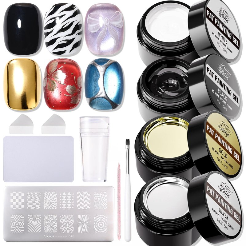 Metallic Gel Nail Polish Set, 4Pcs Chrome Gel Nail Polish with Nail Art Stamp Plate & Stamper Scraper Kit, Black&White&Silver&Gold UV LED for DIY Home Salon Use for Women