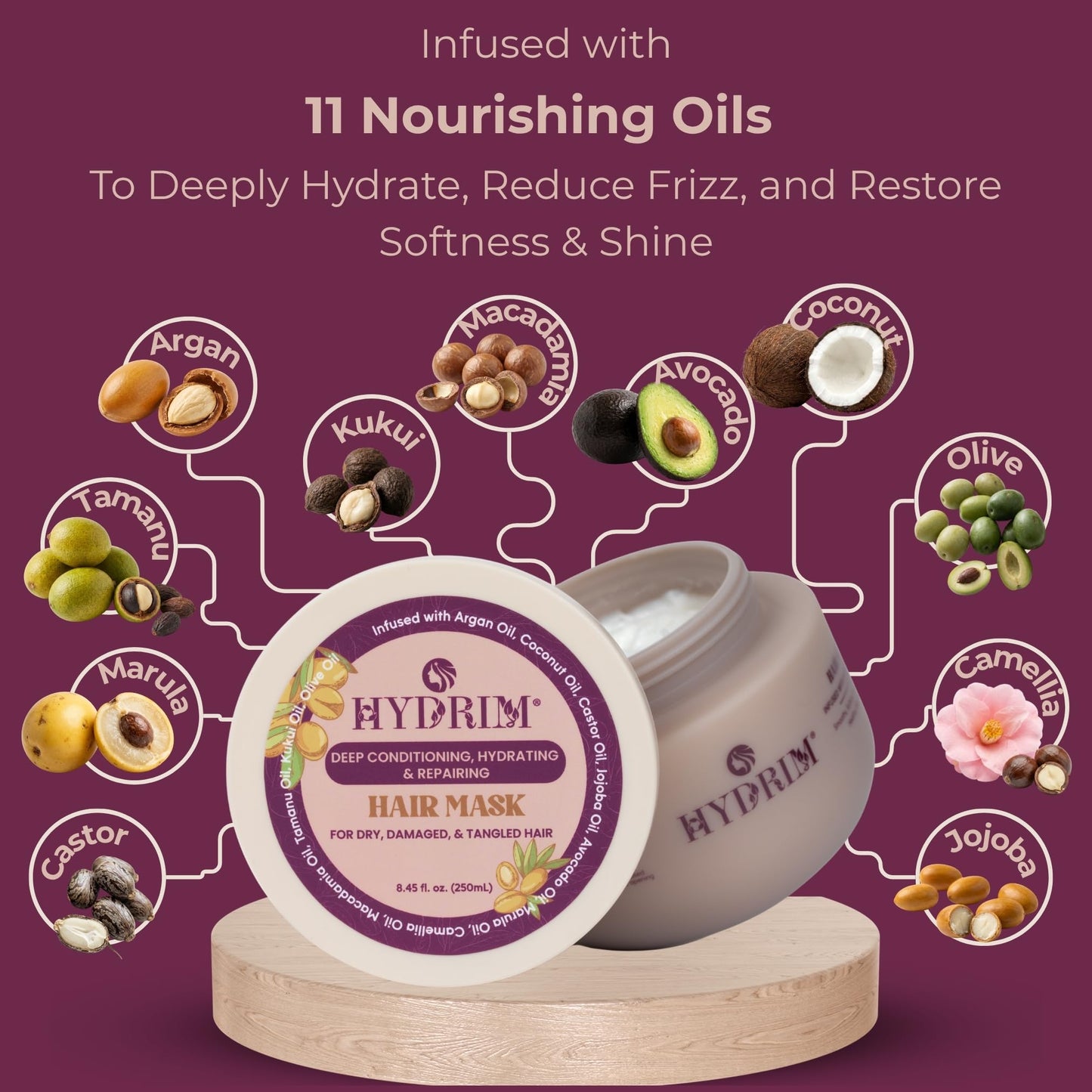 Hydrim Argan Oil Hair Mask, Deep Conditioning for Dry Damaged Frizzy Hair, Hydrating, Repair Treatment, Infused with 11 Nourishing Oils, Fresh Floral Aroma, 8.45 fl oz