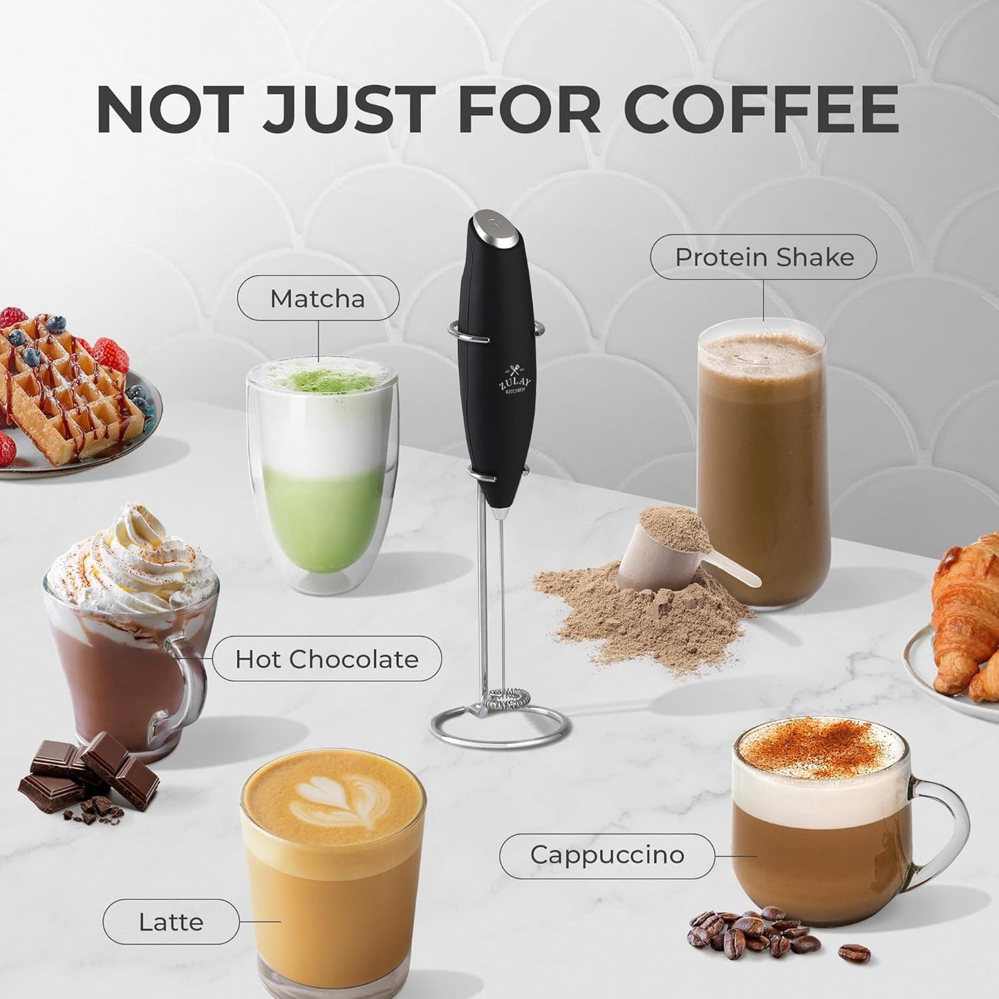 Zulay Kitchen Milk Frother Wand - Ultra Fast Electric Whisk for Coffee, Lattes & Matcha - Black