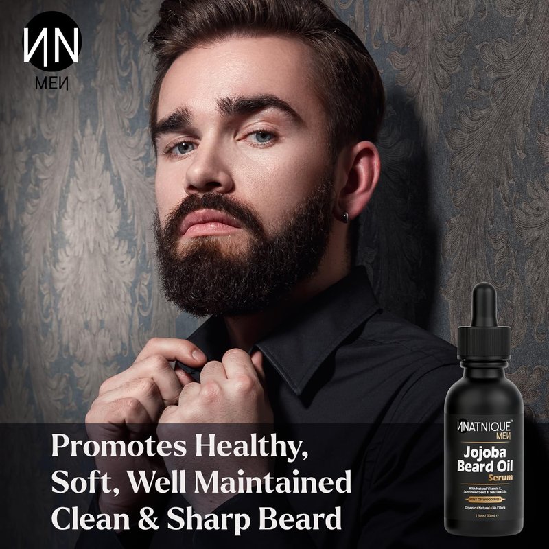 Natnique Jojoba Beard Oil for Men with Vitamin E & Tea Tree – Organic Conditioner & Growth Oil – Moisturizer for Facial Hair, Mustache & Dry Skin – Softener for Itch, Dandruff & Grooming Care – 1 oz