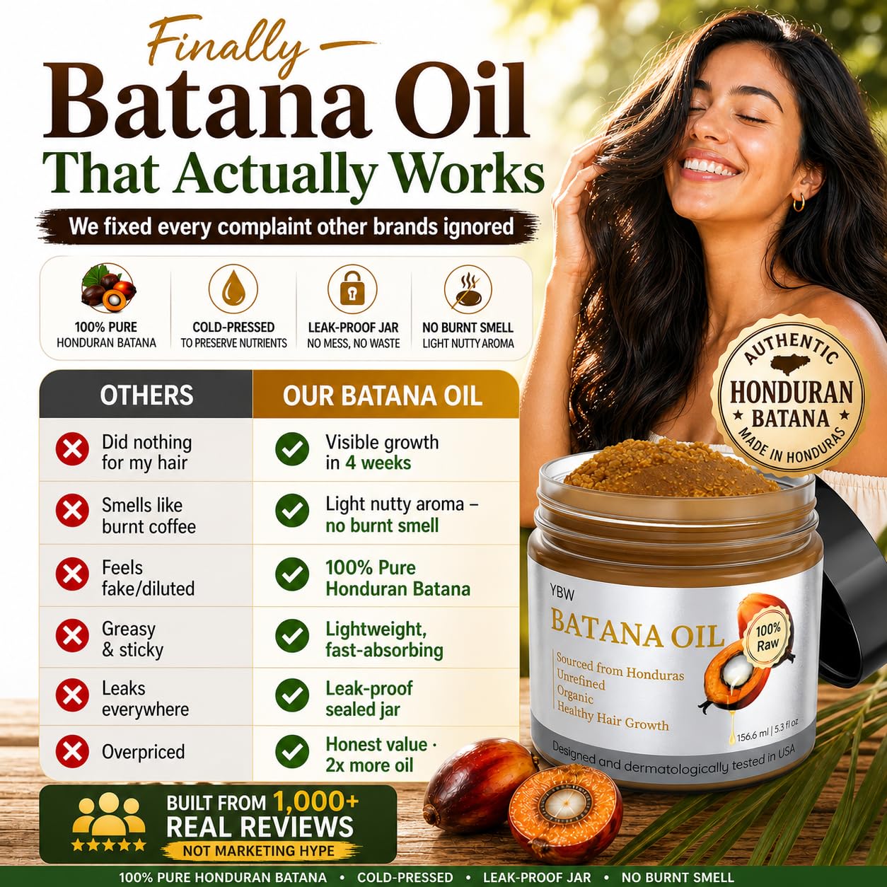 YBW Batana Oil for Hair Growth Dr. Sebi Organic, Natural, Pure and 100% Raw Batana Oil Paste from Honduras - Botana Enhances Hair Thickness, Prevents Loss for Men and Women