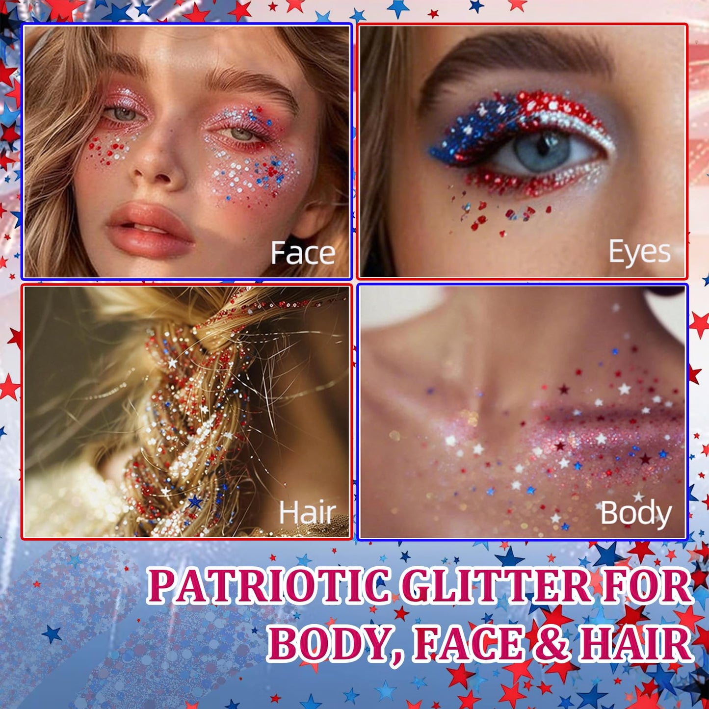 2PCS Red White and Blue Hair Glitter Stick, 4th of July USA Flag Face Body Glitter, Waterproof Patriotic Makeup for Independence Day & Football Game, Sparkling Face Paint for Women