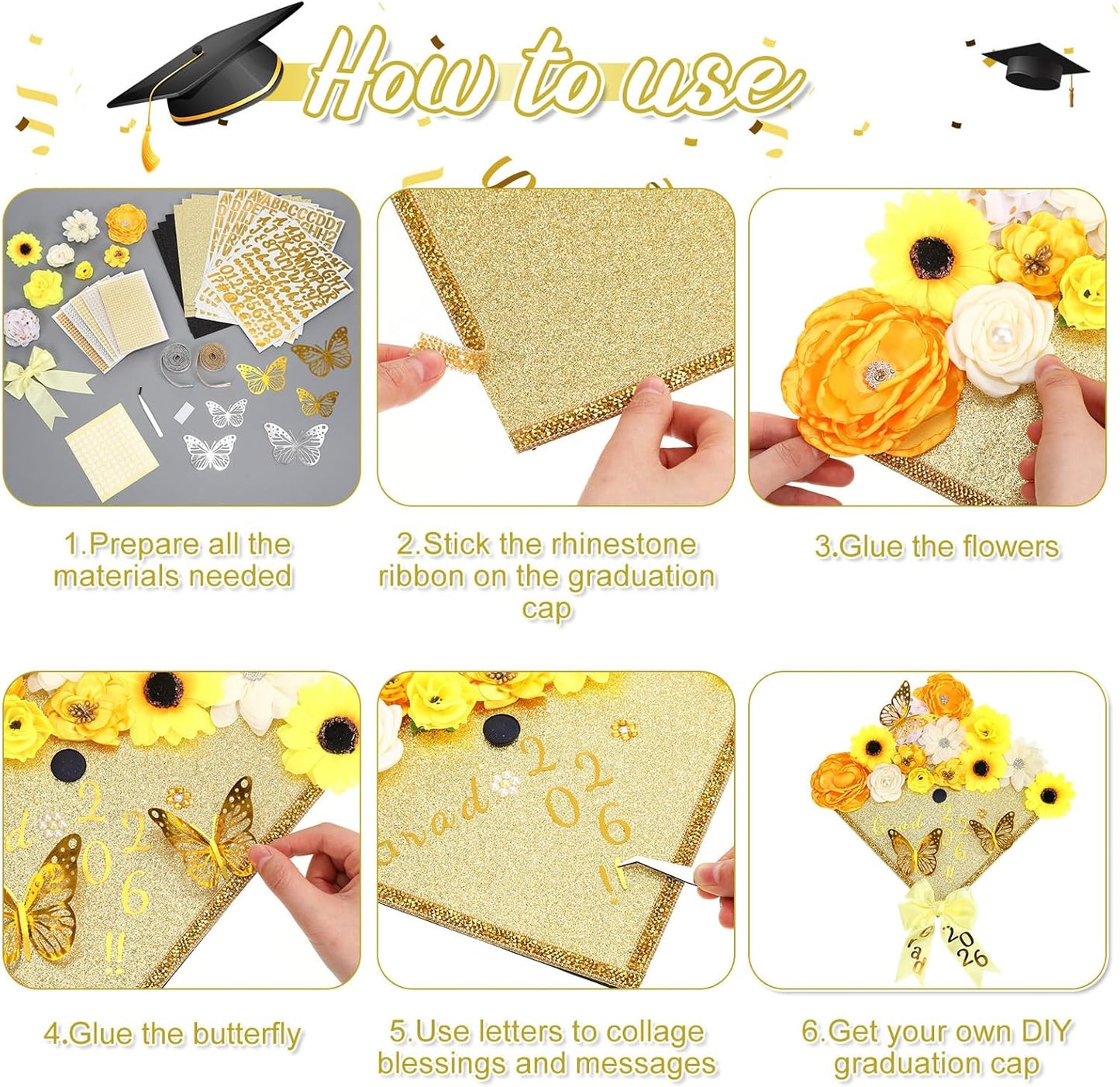 DIY Graduation Cap Decorations Kit - 68 Pcs Faux Flowers, 3D Butterflies, Rhinestones & Alphabet Stickers | Yellow