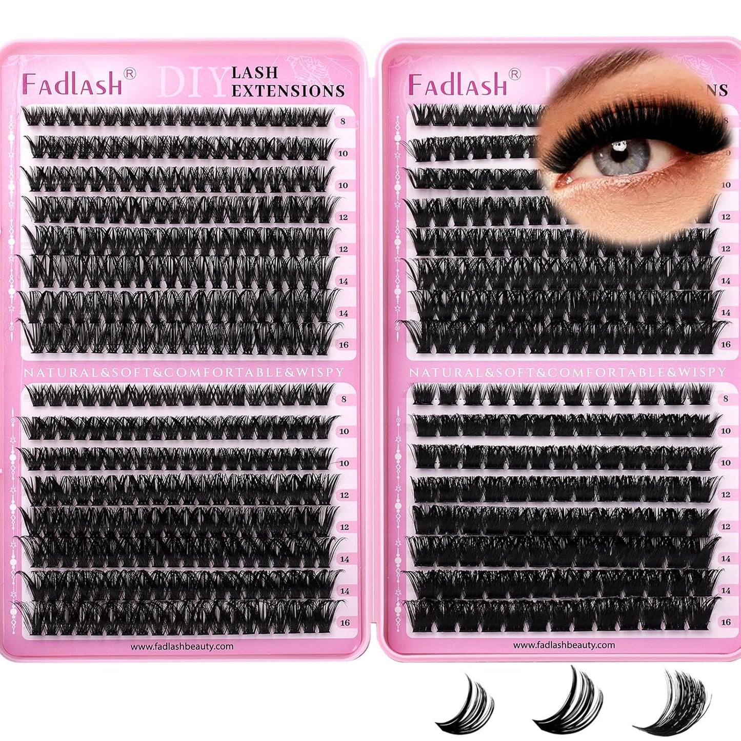 FADLASH Natural Eyelash Clusters - Fluffy 100D/200D Extensions | DIY Home Use, 8-16mm D Curl, 2 Pack