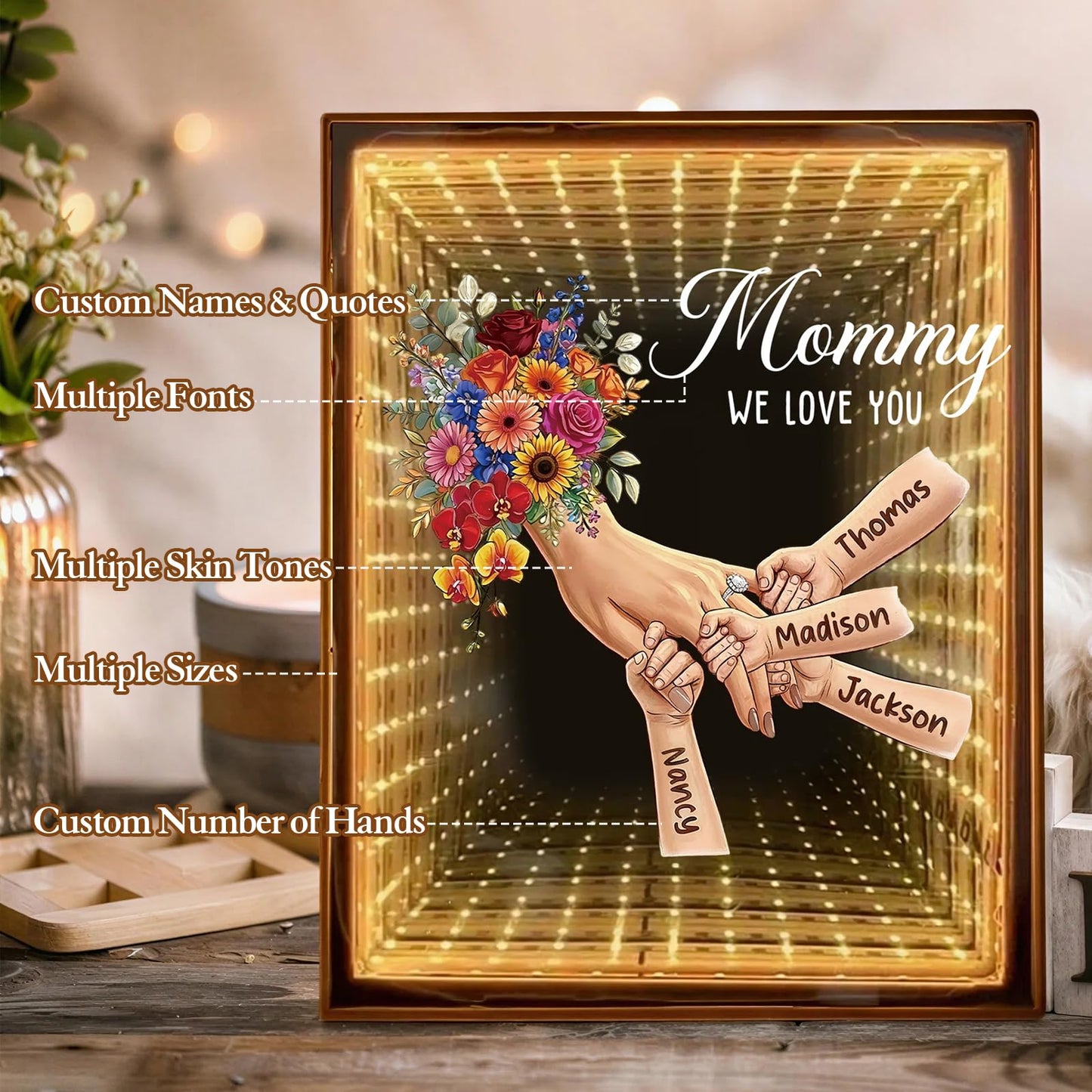 LogaPresent Hand in Hand Personalized Mom and Kids' Hands Mirror Light Custom Mommy Holding Hands Mirror with Kids Names for Mom Nana Grandma Mothers Day (Mirror Box-3)