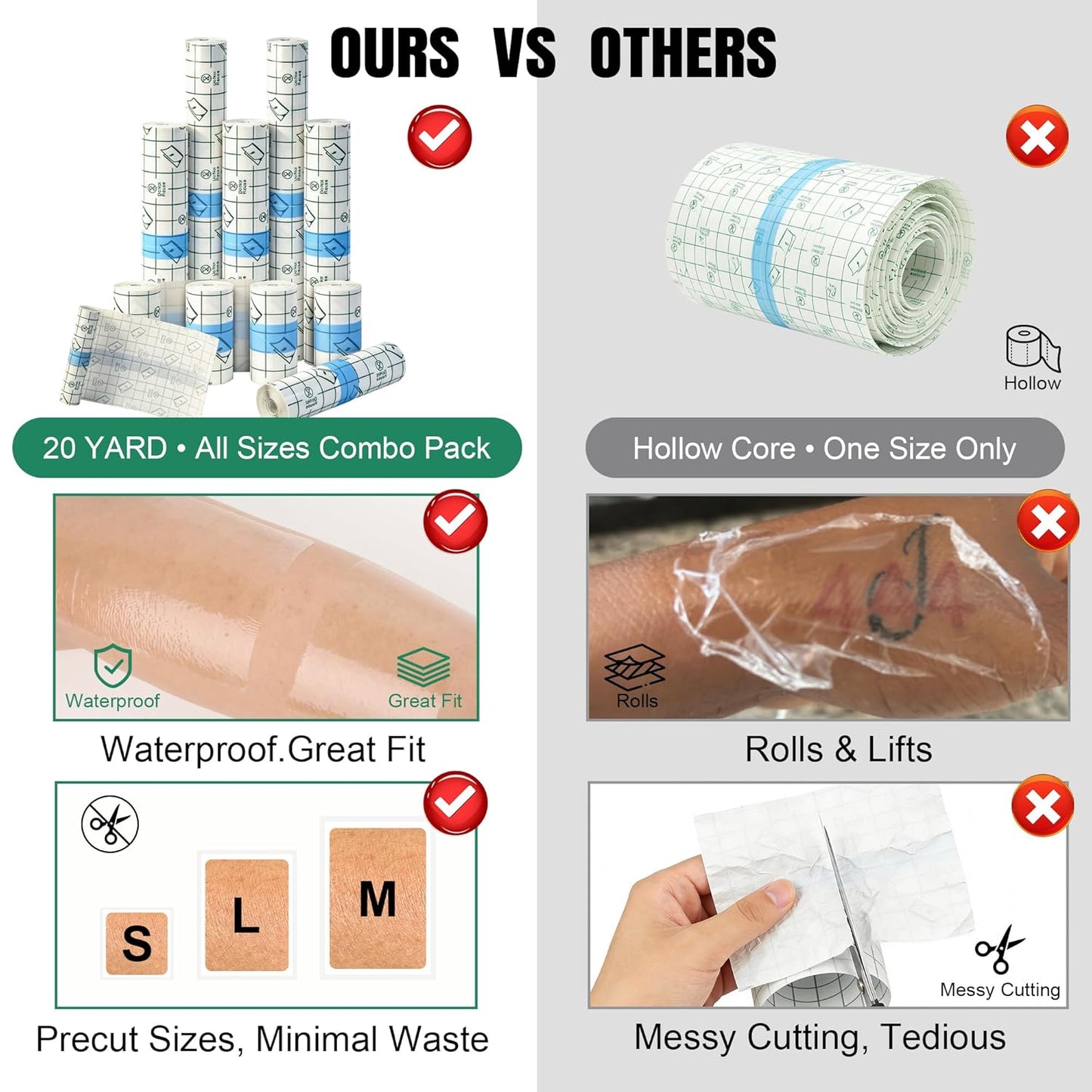 Tattoo Wrap - Waterproof Transparent Bandage Film for Aftercare | 20 Yards, Mixed Sizes (2/4/6/8 Inch)