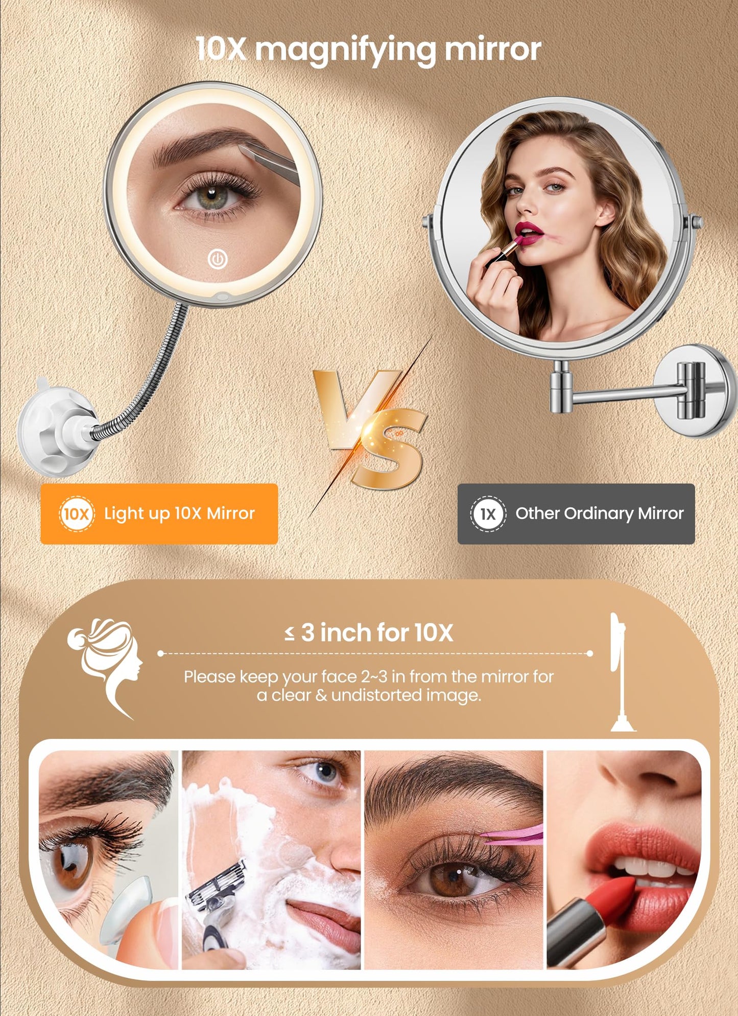 Brightown 10x Makeup Mirror with Lights and Magnification,Flexible Gooseneck Magnifying Mirror with 3 Lighting and Adjustable Brightness,Battery Operated with Suction Cup for Bathroom Bedroom, White
