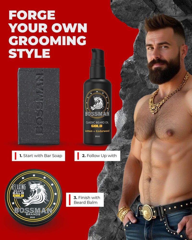 Bossman Starter Beard Kit for Men – Beard Oil (2 oz), Beard Balm & Bar Soap – Natural & Organic Grooming Kit – Made in the USA Men Gift Set (Gold Scent)