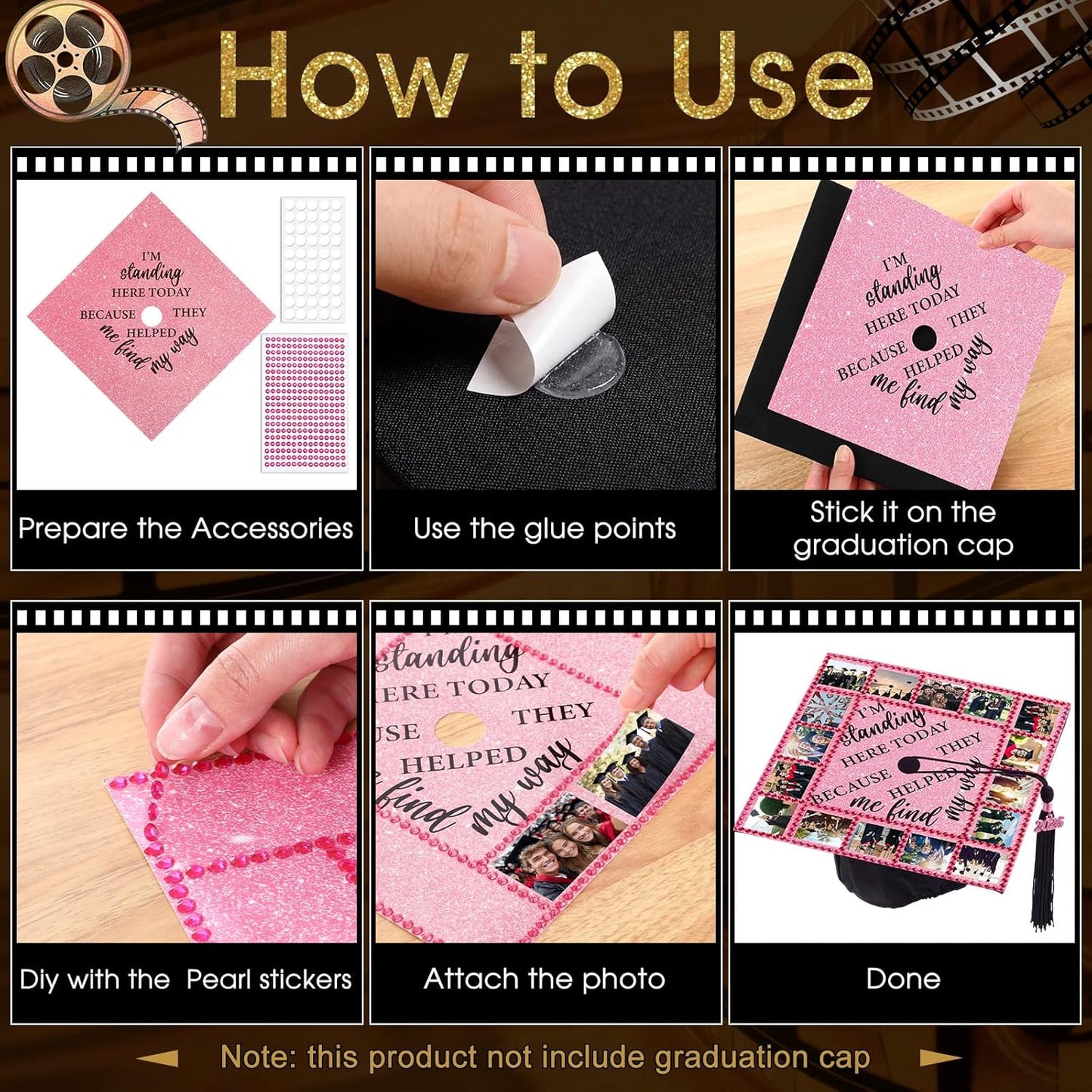 Personalized Graduation Cap Topper - 14 Pcs DIY Glitter Decorations | Includes 7 Pearl Stickers for 2026