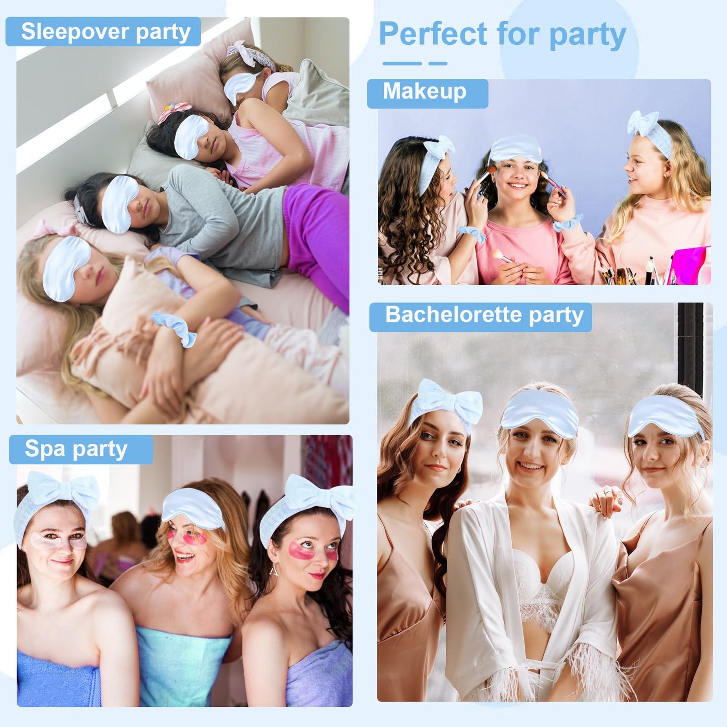 WHAVEL 18 Pcs Sleepover Party Supplies for Girls - Sleepover Party Favors Include 6 Spa Headband, 6 Silk Eye Mask and 6 Velvet Scrunchies for Spa Birthday, Bachelorette, Slumber (Blue)