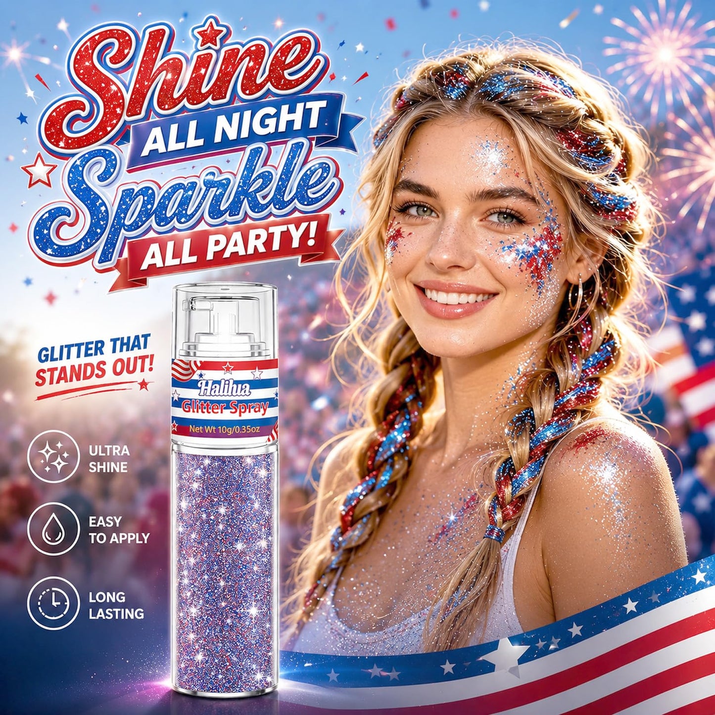 Patriotic Hair and Body Glitter Spray, 4th of July Decorations Accessories for 250 Anniversary Independence Day, Fourth of July Outfits for Women Kids, Red White and Blue Glitter Sparkle Powder