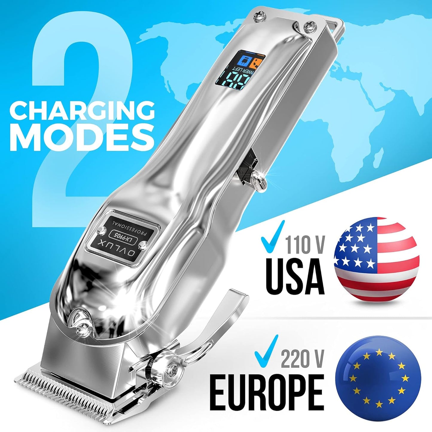 Professional Cordless Hair Clippers for Men - Rechargeable Full Metal Beard Trimmer | Ideal Gift for Dad - Silver
