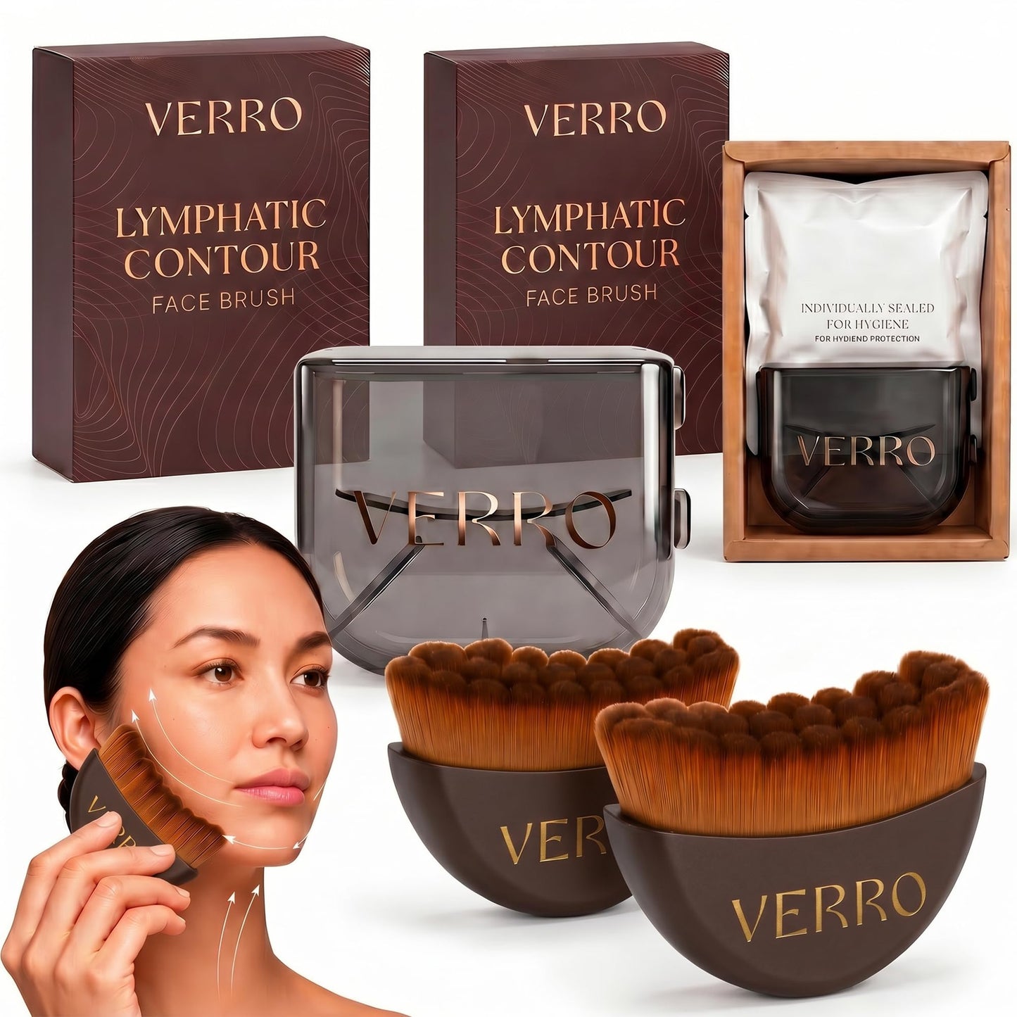VERRO Lymphatic Face Brush Set (2 Pack) – Facial Dry Brush for Face Sculpting, Lymphatic Drainage & Puffiness Reduction, Ultra Soft Bristles, Individually Sealed + Travel Cases (Brown)