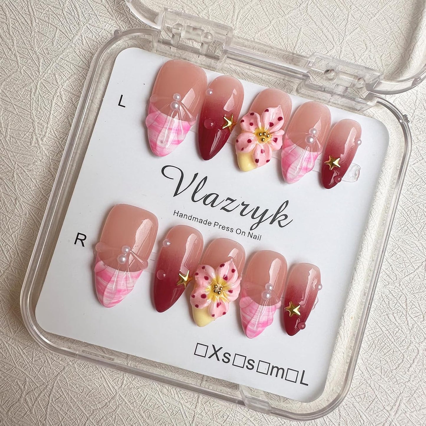 Brown French Tip Press On Nails - 3D Metallic Rhinestones | Medium Almond Reusable Acrylic False Nails (10 PCS)