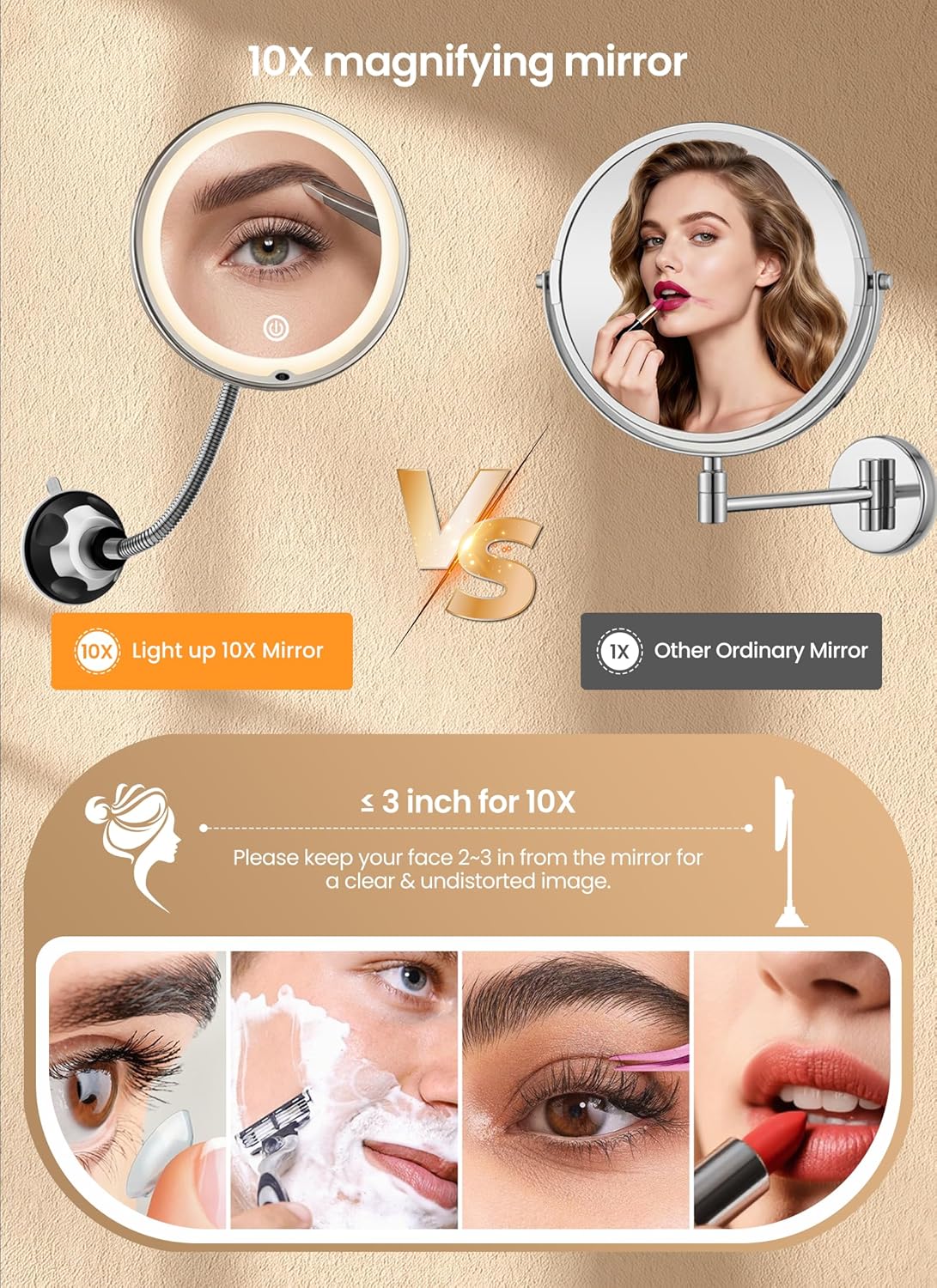 Brightown 10x Makeup Mirror - LED Lighted Magnifying Mirror with Adjustable Brightness | Black, Suction Cup Design