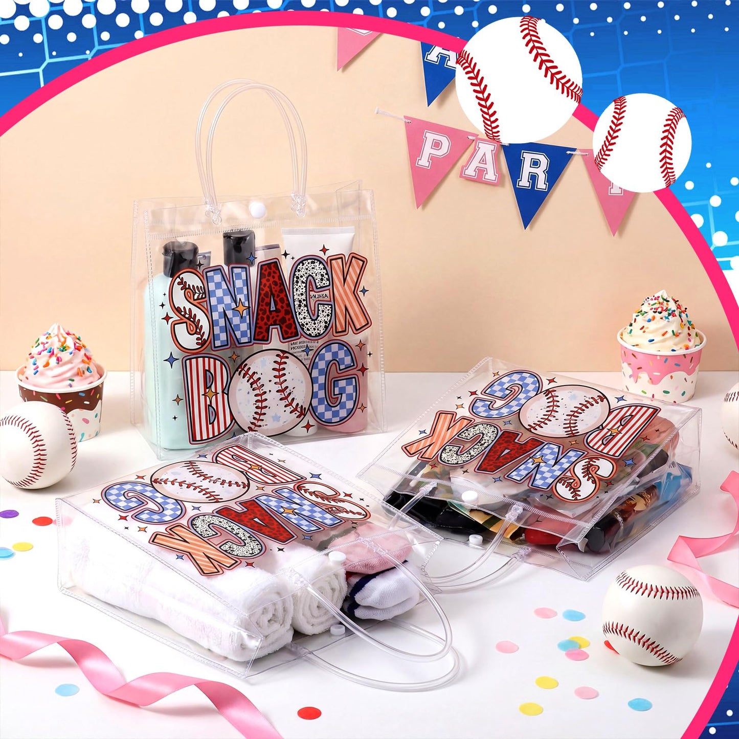 Wesnoy 20 Pcs Baseball Snack Bags with Handles Reusable Cool Baseball Goodie Bags for Team Candy Birthday Party Supplies 8 x 8 x 3.15''