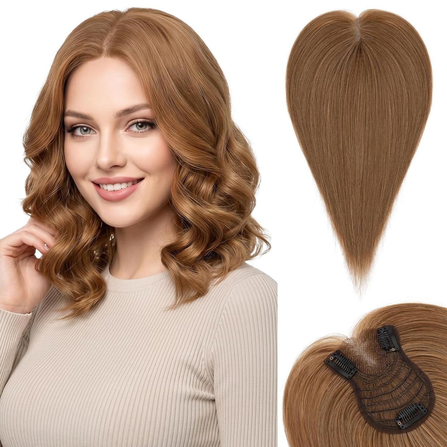 **Hair Toppers for Women - Real Human Hair with Curtain Bangs | 10-Inch Lace Base Clip-In Piece - #02 Dark Brown**