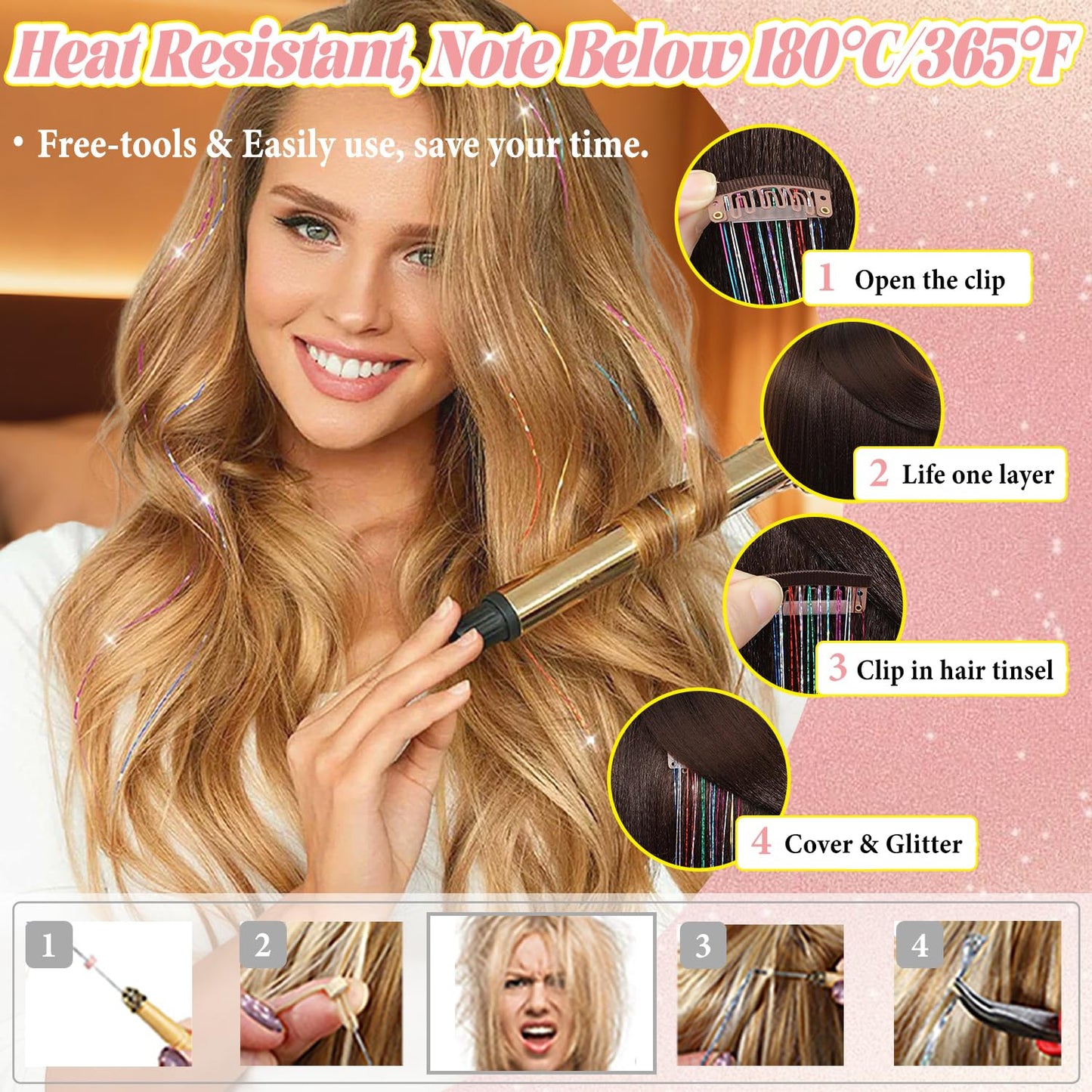 Hair Tinsel Clip-In Extensions - 12 Pcs 24 Inch Silver Glitter Strands for Girls & Women | Perfect for Christmas & Festivals