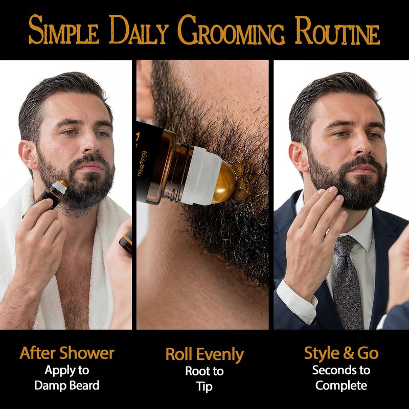 Organic Beard Oil for Men Roll On Beard Growth Oil Mens Conditioner - 9 Premium 100% Pure USDA Oils Jojoba Castor Argan - Mustache Natural Scent Vegan Shave Balm - Tiger Eye Stone Roller Bottle 1.7oz